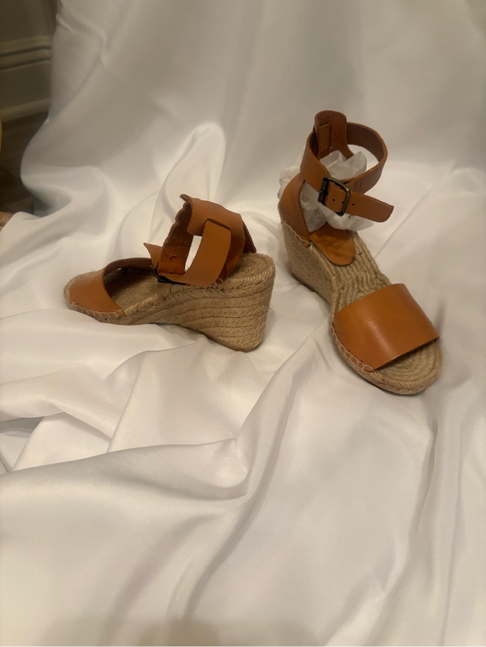 J. Crew Tan Leather Espadrille Wedge Sandals with Ankle Strap